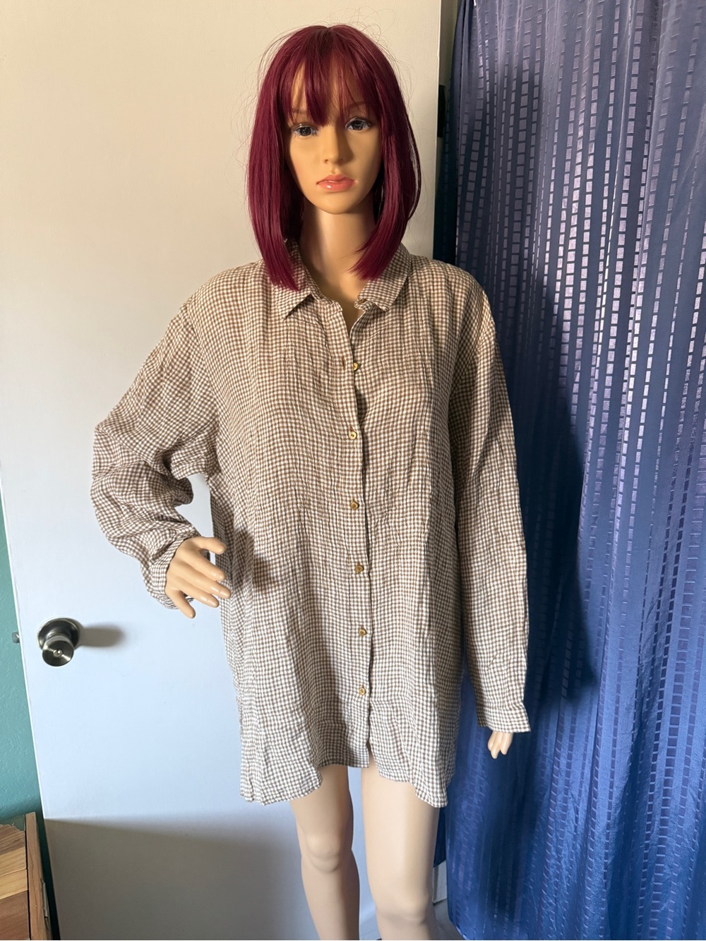 Eileen Fisher Oat Brown Ivory Gingham Organic Linen Oversize Shirt XL NWT